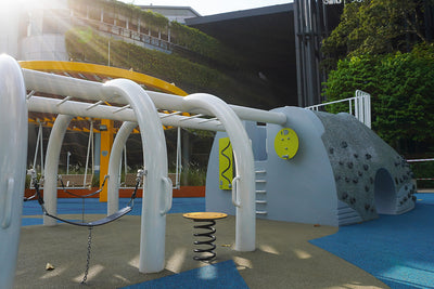 The whale playground’s skeletal body includes swing seats, a spring seat, and a cargo net for exciting play adventures.