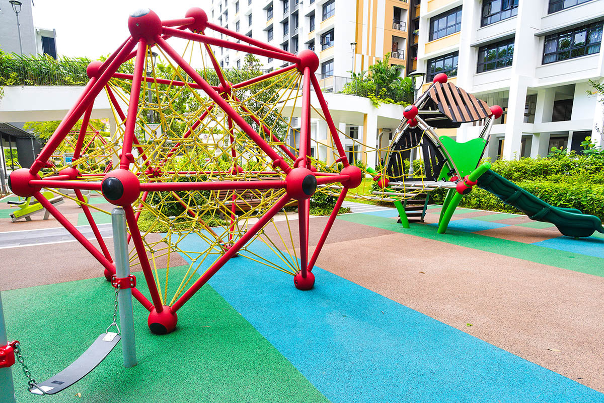 Playworld Spaceball provides climbing, promoting psychomotor skills, problem-solving, and social interaction.