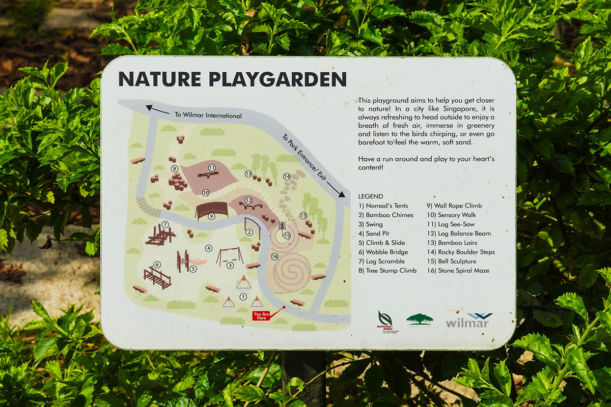 one-north Park signboard showcasing playground equipment in the nature playgarden for children’s outdoor fun