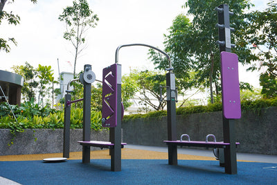 Parc Central Residence fitness station with Galopin equipment promoting motor skill development and active play.