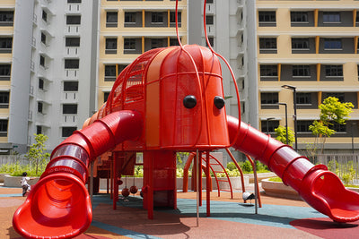 Costa Grove lobster-themed playground with claw-shaped slides, climbing routes and concealed fireman’s pole features.