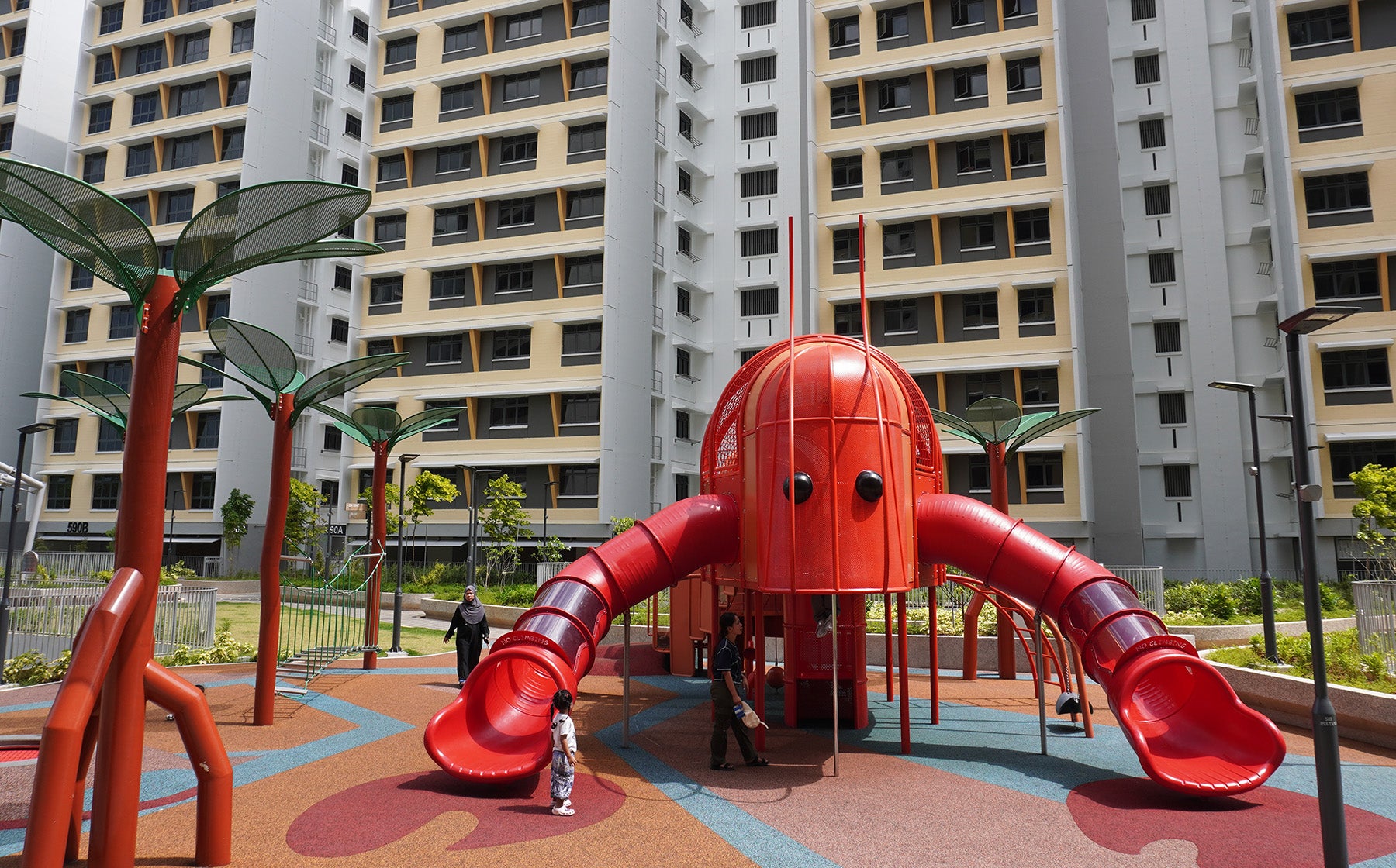 Costa Grove lobster-themed playground with claw-shaped slides, climbing routes and concealed fireman’s pole features.