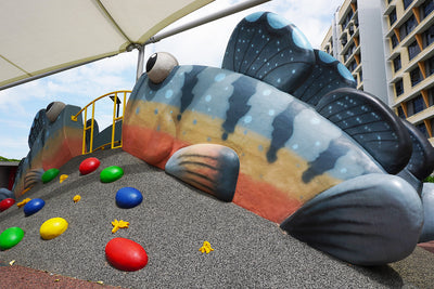 Mudskipper-themed play structure with sloped rock climbing steps, guardrails and elevated play hill installation.