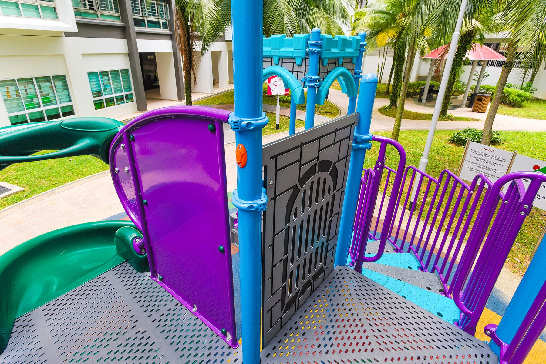 Playworld playground with a sturdy structure and curved edges, ensuring safety, and durability for children.