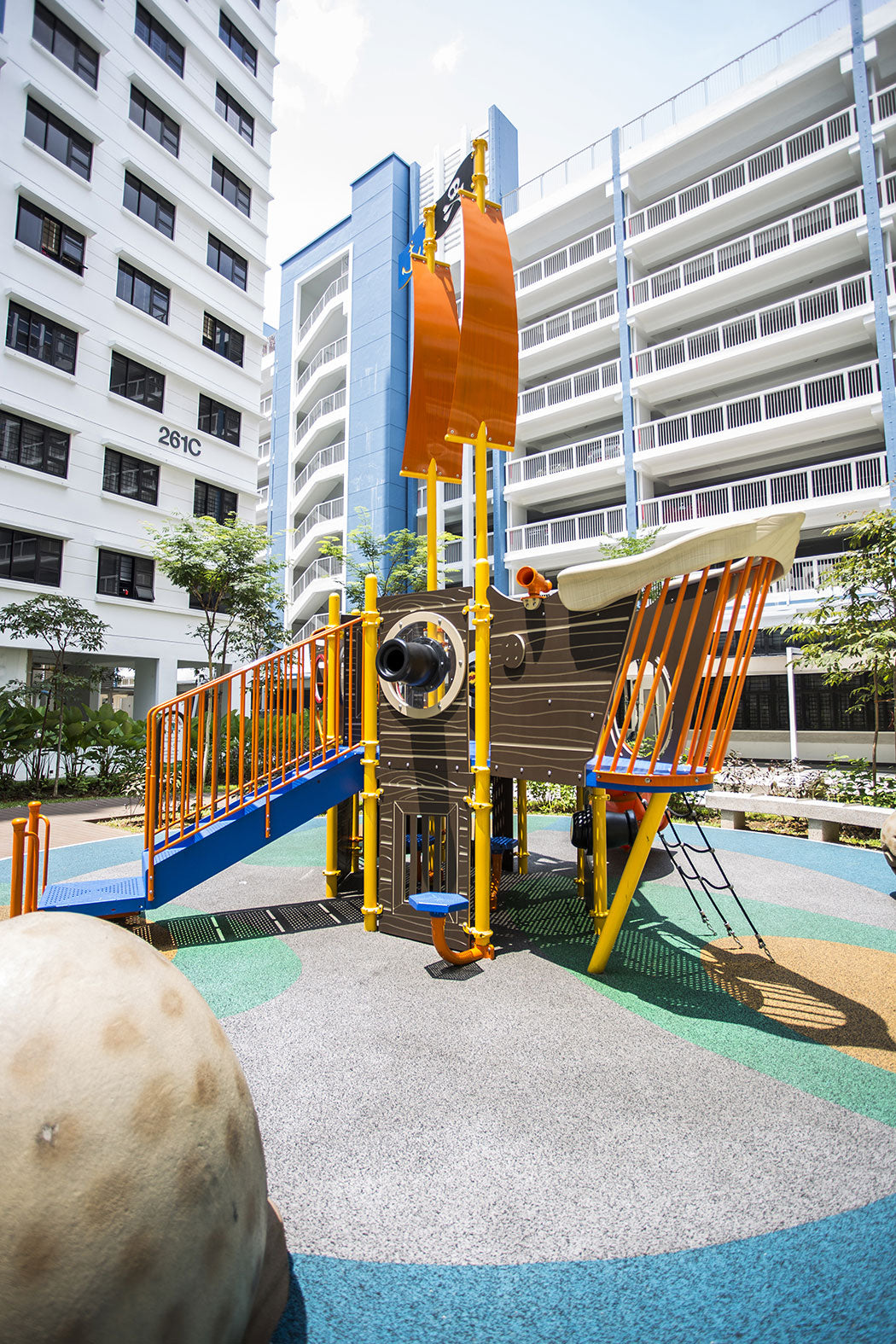 Pirate ship-themed playground at Punggol Topaz by Playworld, featuring slides, climbers, and imaginative play areas.