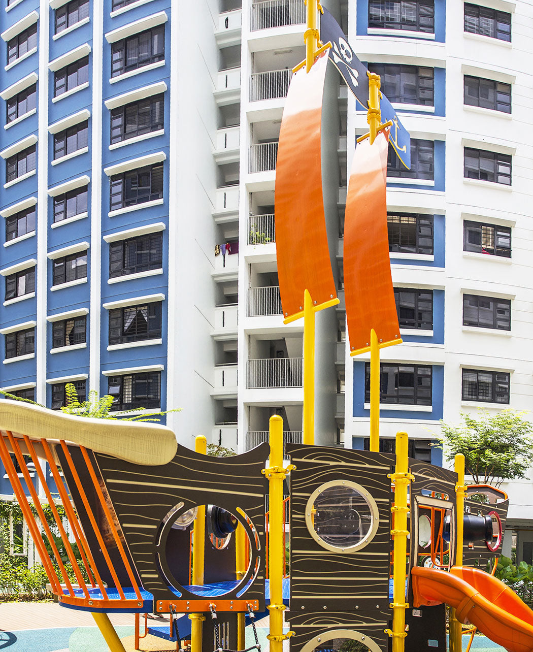 Pirate ship-themed playground at Punggol Topaz by Playworld, featuring slides, climbers, and imaginative play areas.