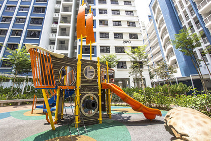 Pirate ship-themed playground at Punggol Topaz by Playworld, featuring slides, climbers, and imaginative play areas.