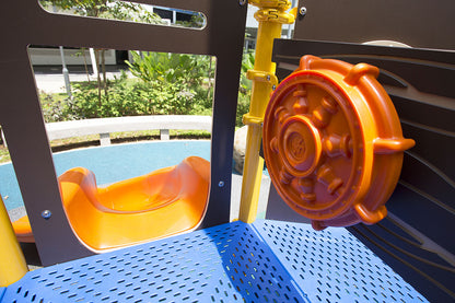 Wagon wheel on the pirate ship-themed playground at Punggol Topaz, letting kids simulate helming the ship.