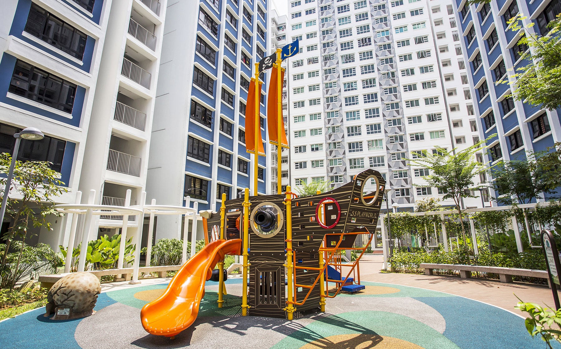 Pirate ship-themed playground at Punggol Topaz by Playworld, featuring slides, climbers, and imaginative play areas.