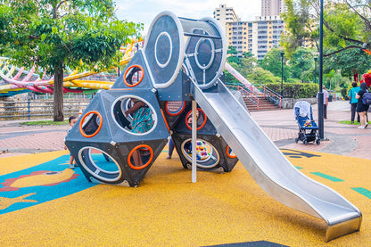 Playworld PlayCube with a slide, featuring interconnected cubes for climbing, exploring, and sliding fun.