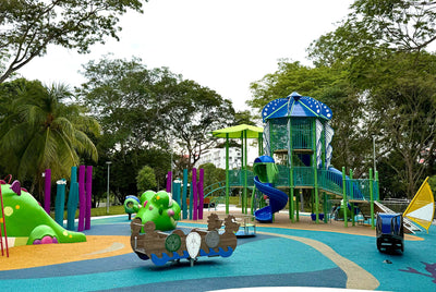 Sea Shell Park playground features a Multi-Seat Rocker and Standing See-Saw for active, social children's play.