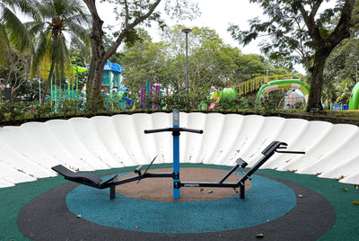 Sea Shell Park Omnigym fitness equipment lets residents perform dips and sit-ups for active, healthy living.