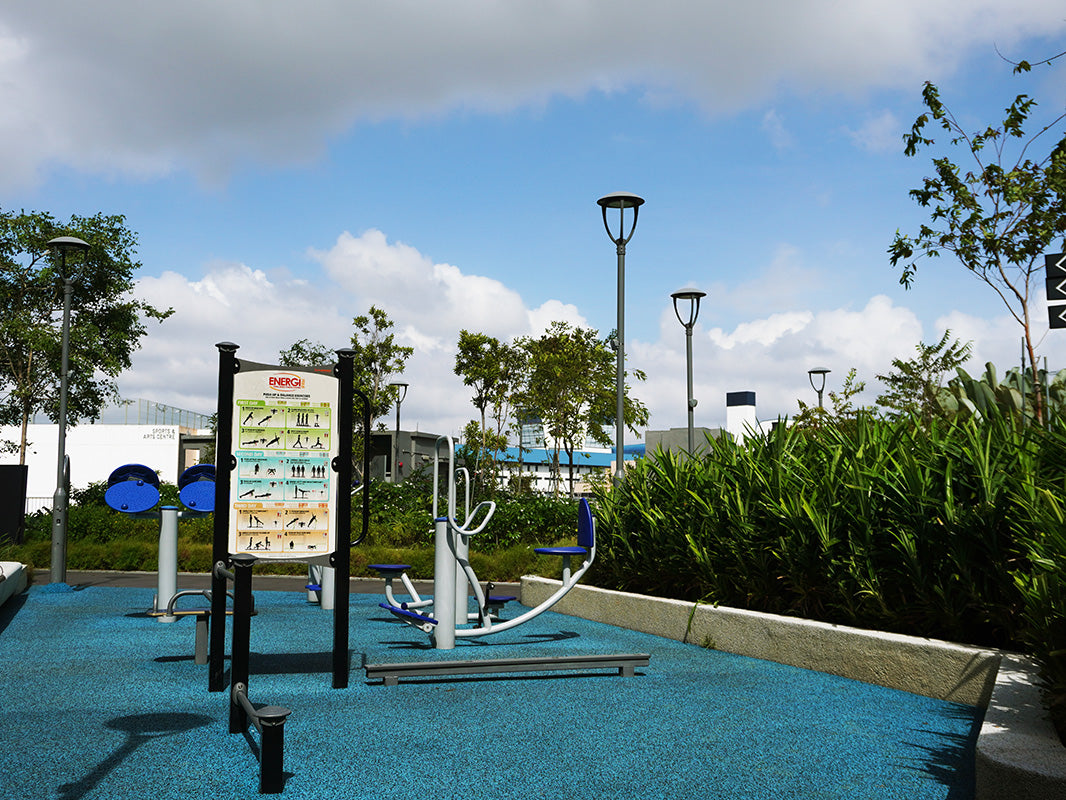 Tampines GreenGem fitness station features ENERGI and Saysu equipment, promoting mobility and low-impact workouts.