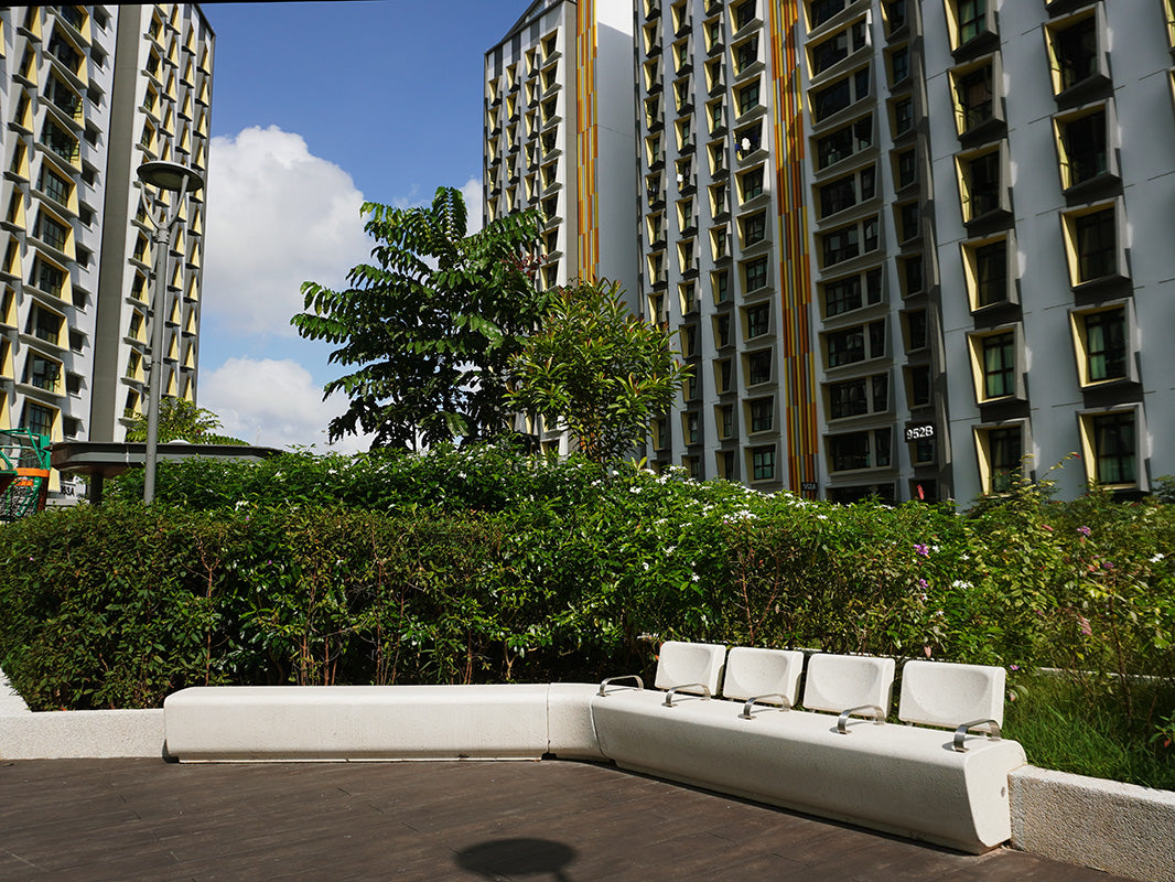 Tampines GreenGem Bellitalia bench blends art with functionality, offering comfortable seating in an appealing design.