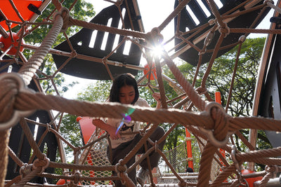 Berliner's cloverleaf rope connection system secures net intersections without welding for enhanced playground safety.