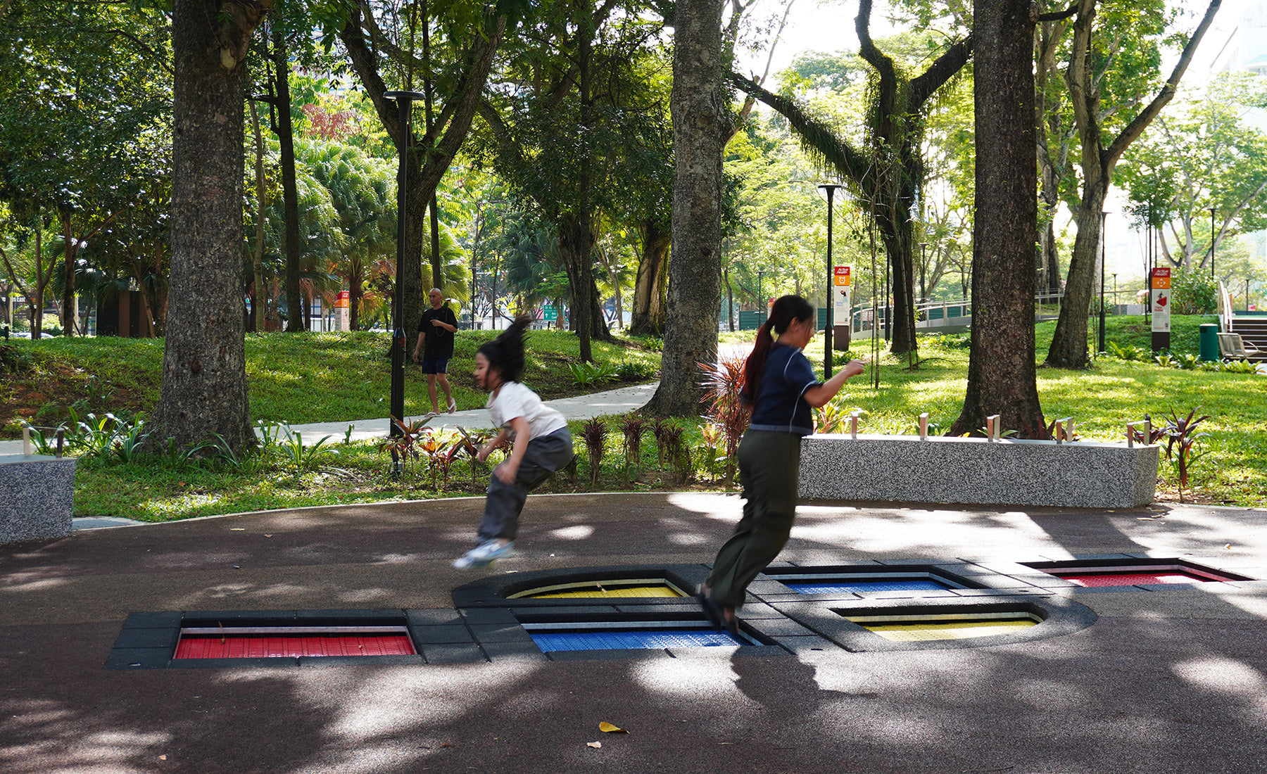 Interplay in-ground trampolines provide durable bouncing play with flush surfaces for easy bouncing movement access.