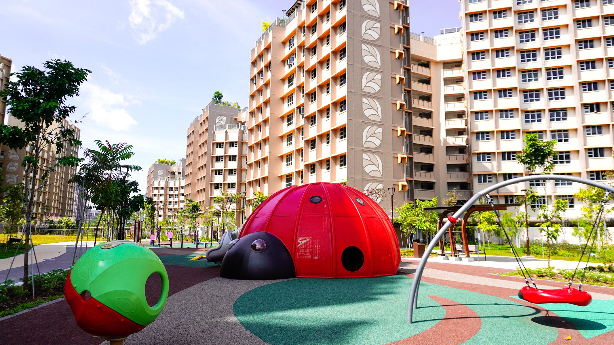 The ladybug-shaped structure captivates kids, fostering creativity, while a swing promotes teamwork as it needs someone to push.