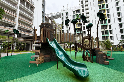 Tengah Parc Clover treehouse themed playground with bridges, steppers, slides and climbing components for active play.