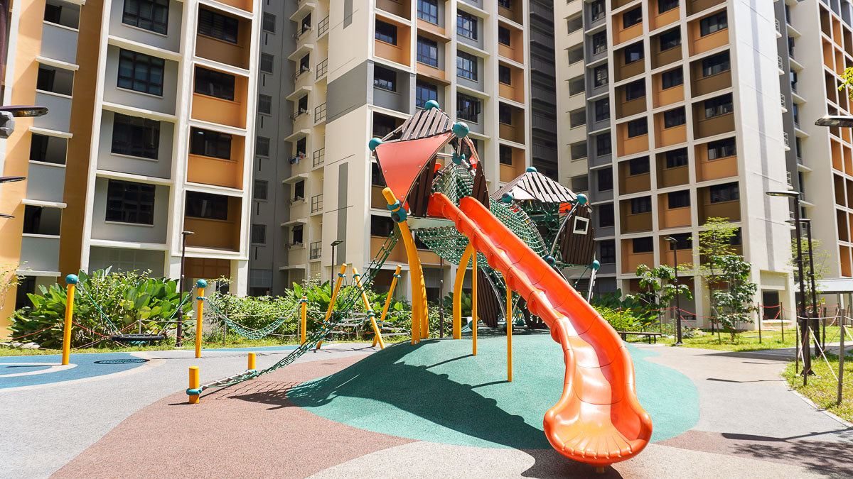 Tengah Plantation Acres playground features a Berliner tower with a rope ladder, bridges, and slides for active play.