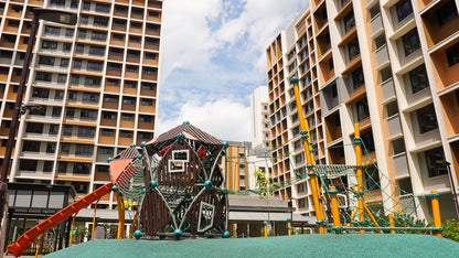 Tengah Plantation Acres playground features a Berliner tower with a rope ladder, bridges, and slides for active play.