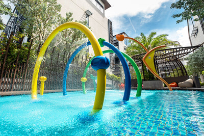 Vortex International playground equipment with interactive features, offers children a fun and refreshing play experience.