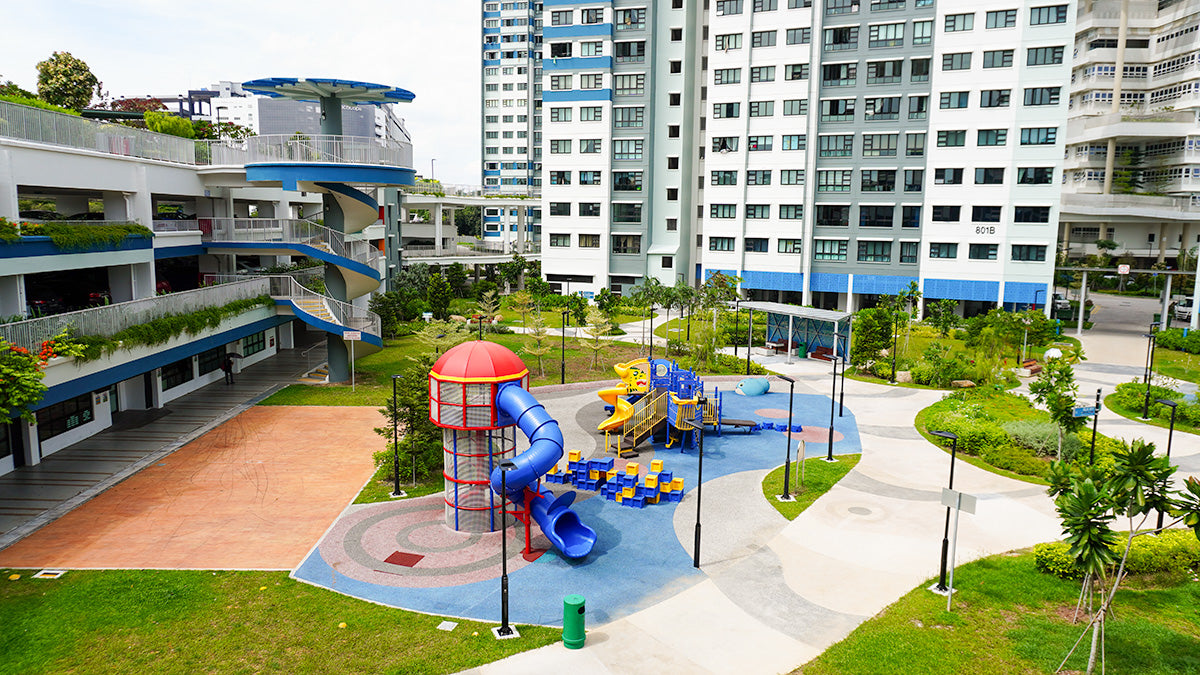 West Coast ParkView Playground with a Lighthouse Tower, pirate ship-themed playground, and sea creature mounds.