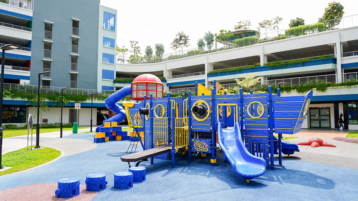 Pirate ship-themed Playworld playground with play panels, encouraging creativity, problem-solving, and imaginative play.