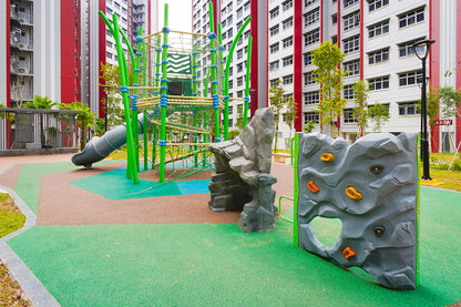 Rock climbing wall and Berliner playground designed to develop children's coordination and climbing skills.